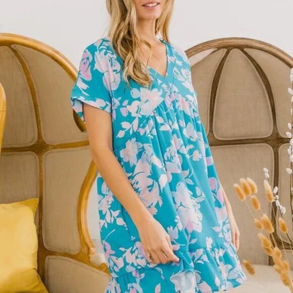 BiBi Floral Crinkle Shirred Ruffle Detail V‎ Neck Dress - Picture 11 of 16